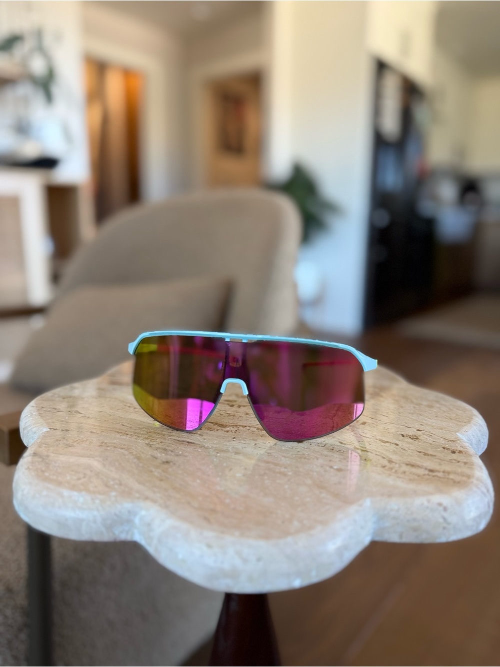 Men's Sport Shield Sunglasses in Turquoise with Pink Mirror Lens